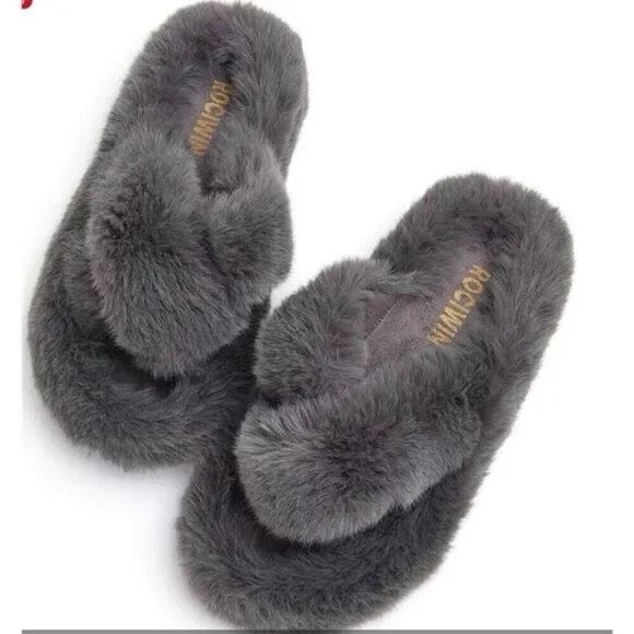 Women Cross Band Slippers Soft Plush Furry Cozy Open Toe Shoes Slip On, 11-12 - Picture 1 of 8